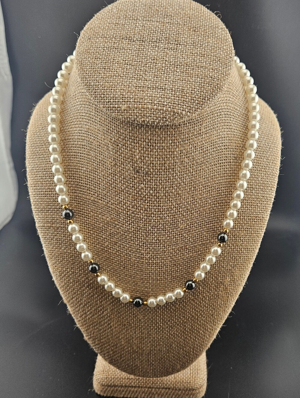 Classic Faux Pearl Necklace with Black Accent Beads